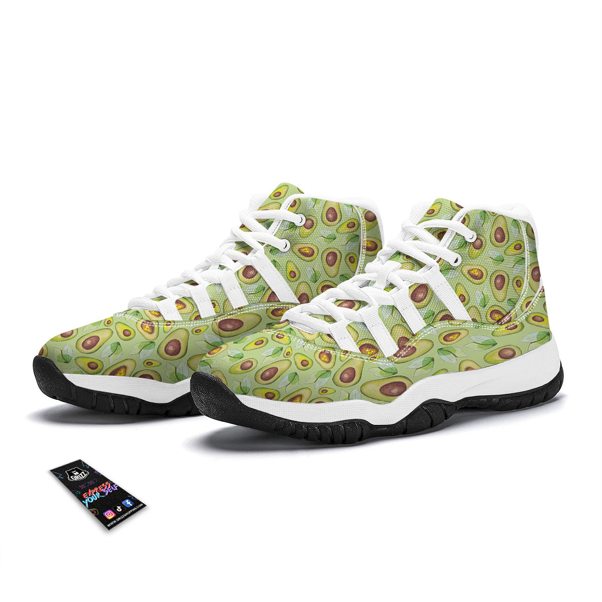 Avocado Green Watercolor Print White Bball Shoes-grizzshop