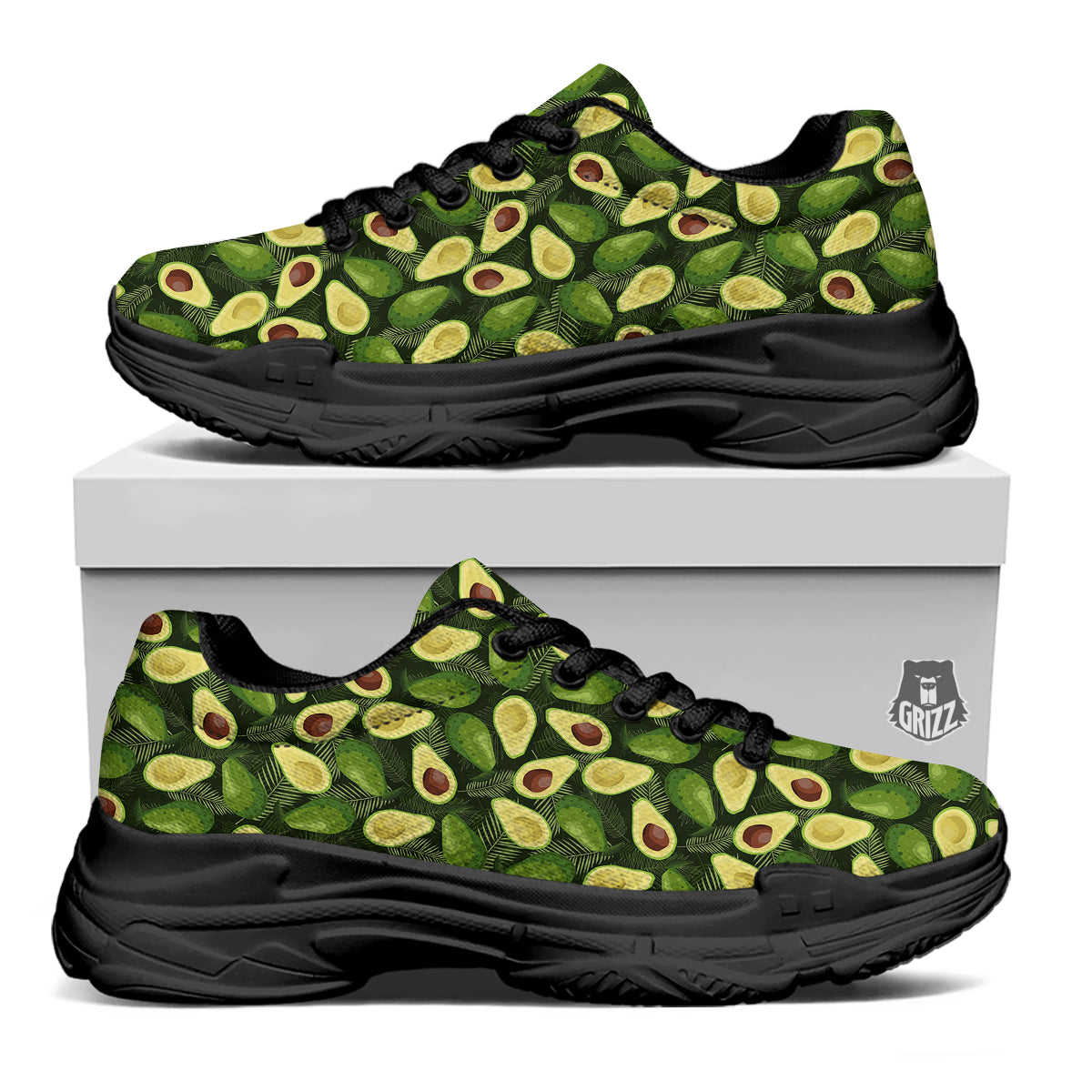 Avocado Half Cut Print Pattern Black Chunky Shoes-grizzshop