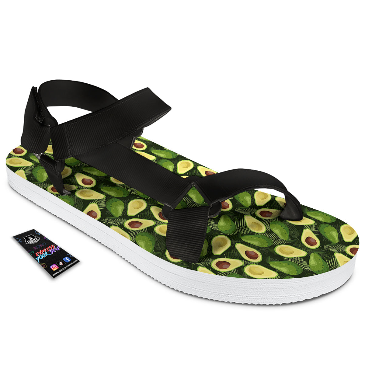 Avocado Half Cut Print Pattern Black Open Toe Sandals-grizzshop