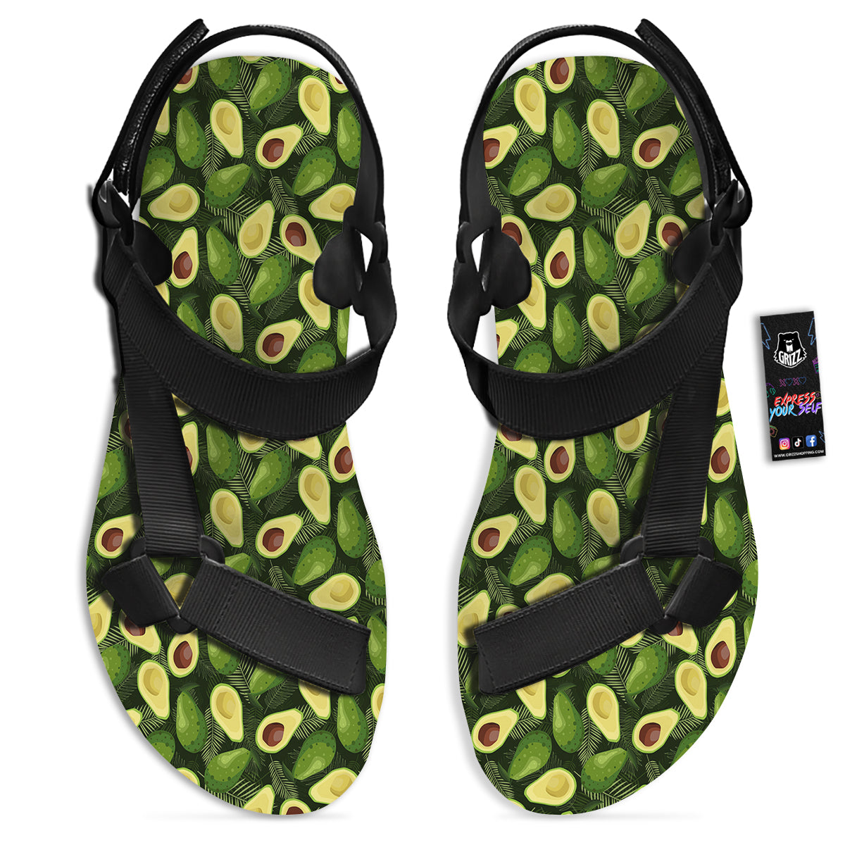 Avocado Half Cut Print Pattern Black Open Toe Sandals-grizzshop
