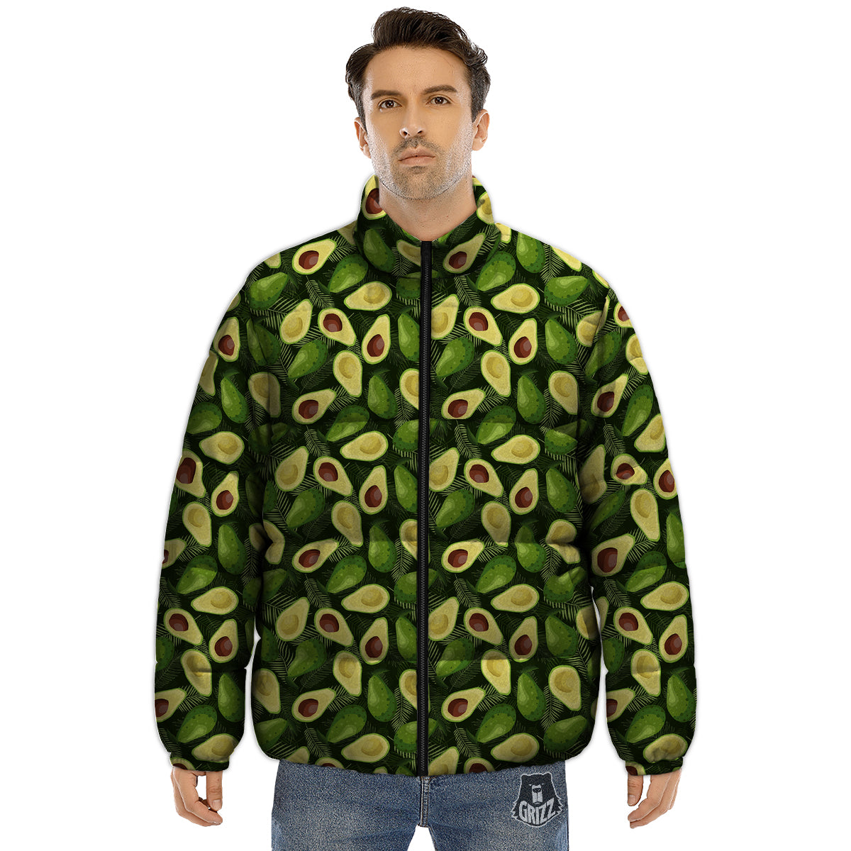Avocado Half Cut Print Pattern Puffer Jacket-grizzshop