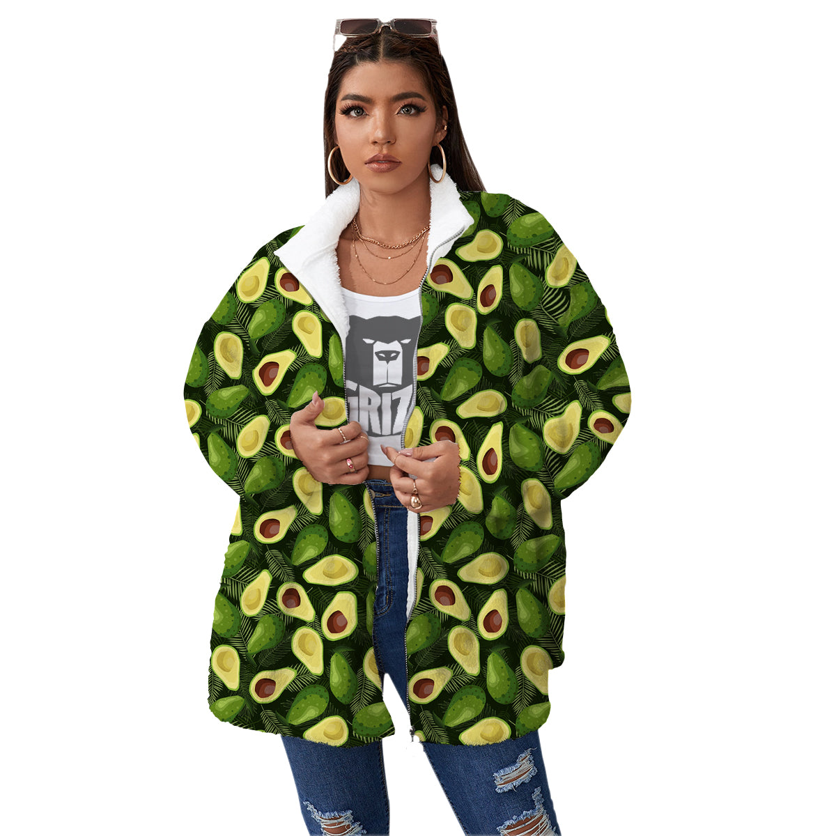 Avocado Half Cut Print Pattern Women's Sherpa Jacket-grizzshop