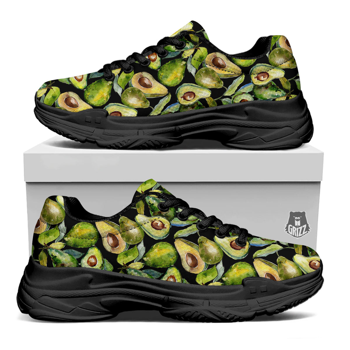 Avocado Watercolor Print Pattern Black Chunky Shoes-grizzshop