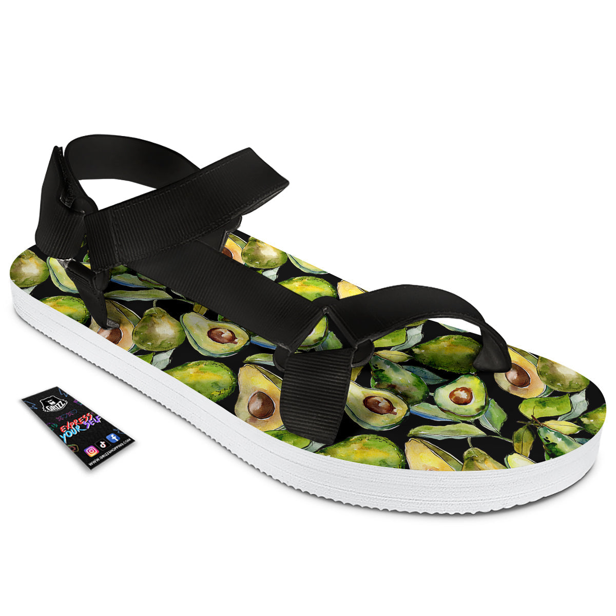 Avocado Watercolor Print Pattern Black Open Toe Sandals-grizzshop