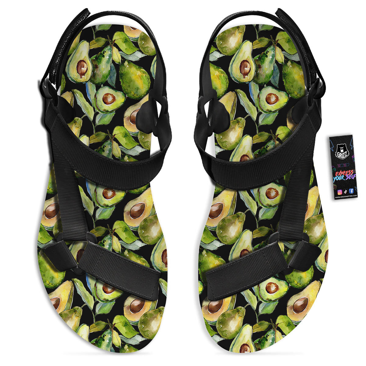 Avocado Watercolor Print Pattern Black Open Toe Sandals-grizzshop