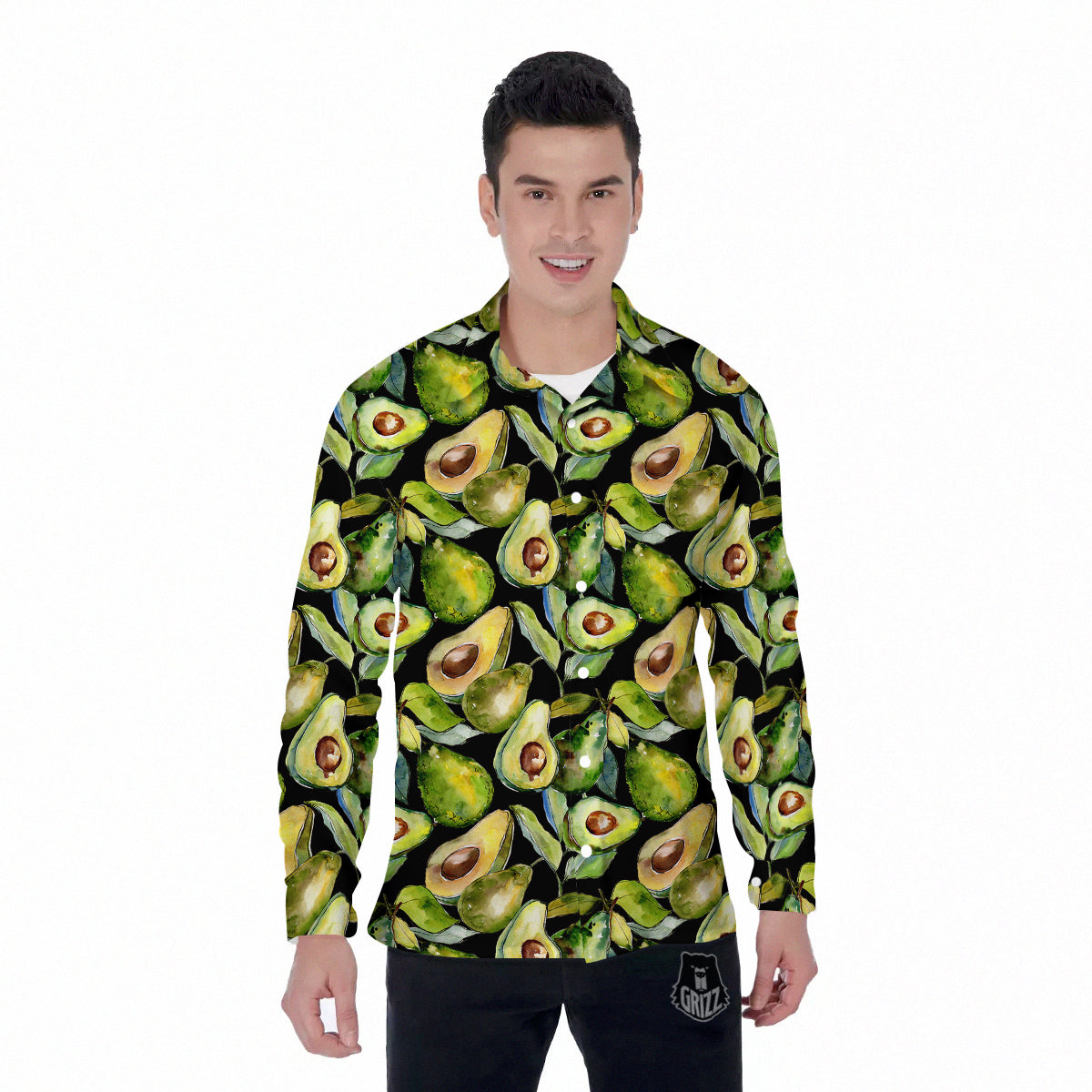Avocado Watercolor Print Pattern Men's Long Sleeve Shirts-grizzshop