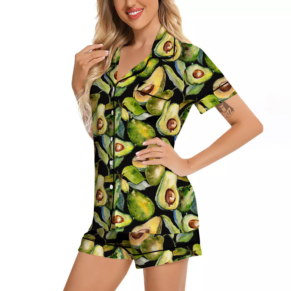Avocado Watercolor Print Pattern Women Silk Pajamas-grizzshop