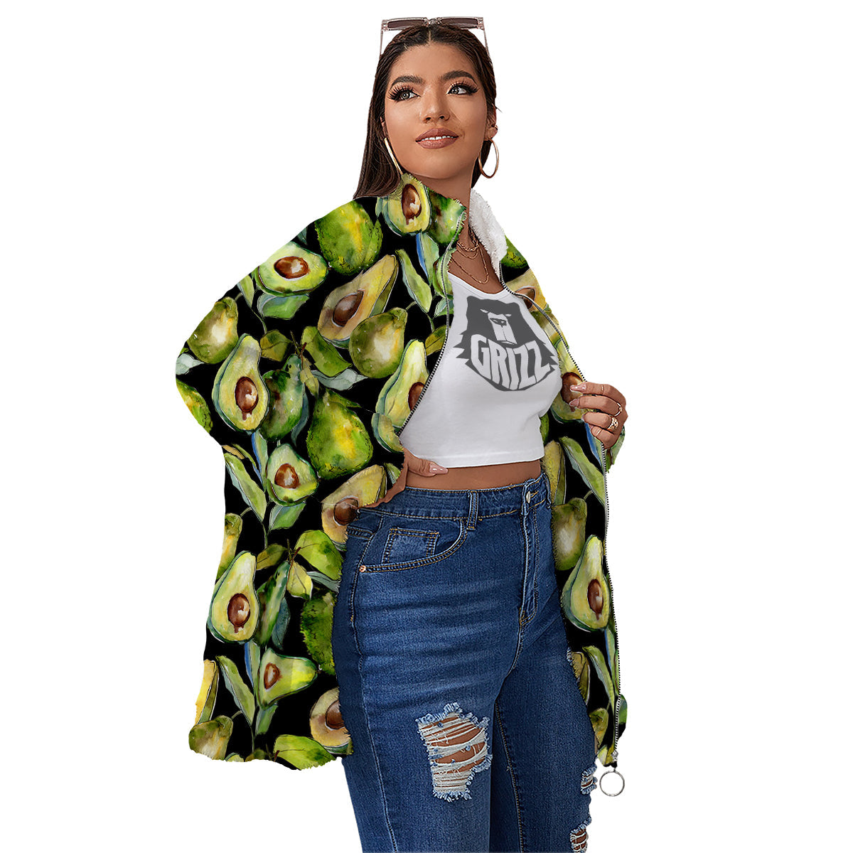 Avocado Watercolor Print Pattern Women's Sherpa Jacket-grizzshop