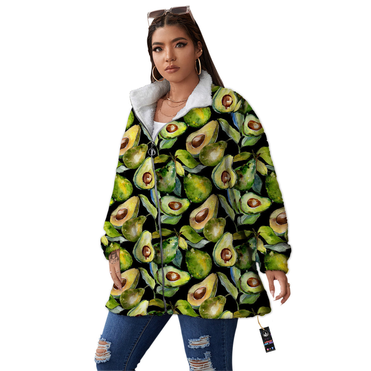 Avocado Watercolor Print Pattern Women's Sherpa Jacket-grizzshop