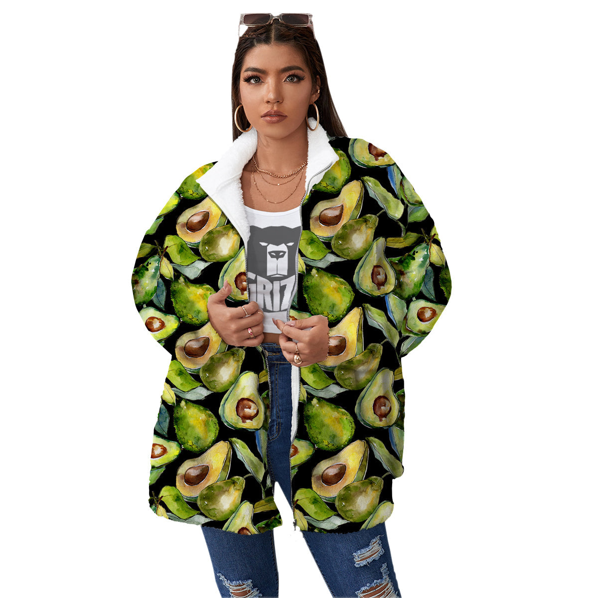 Avocado Watercolor Print Pattern Women's Sherpa Jacket-grizzshop