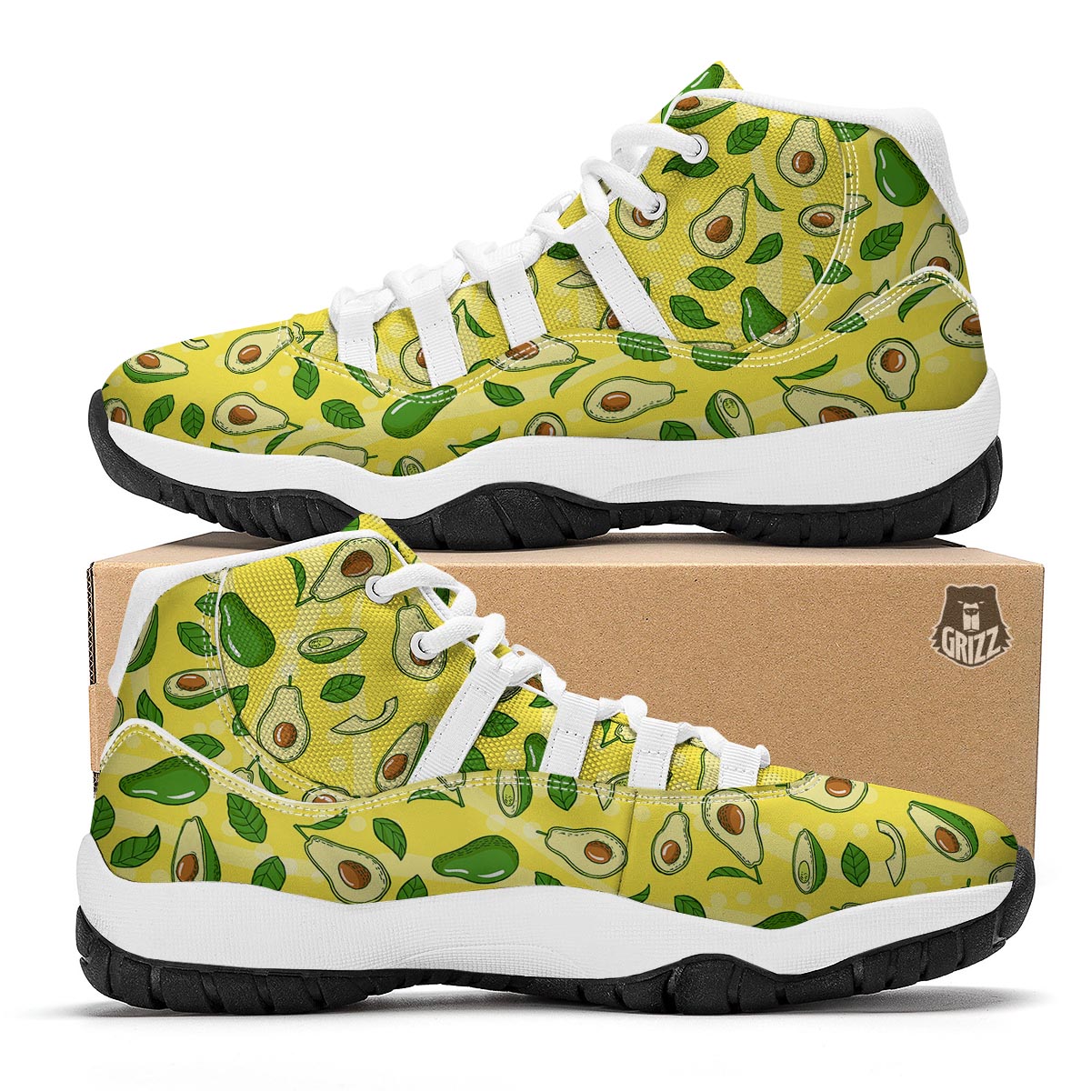 Avocado Yellow Patttern Print White Bball Shoes-grizzshop