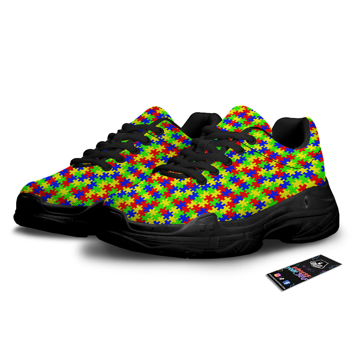 Awareness Jigsaw Colorful Autism Print Black Chunky Shoes-grizzshop