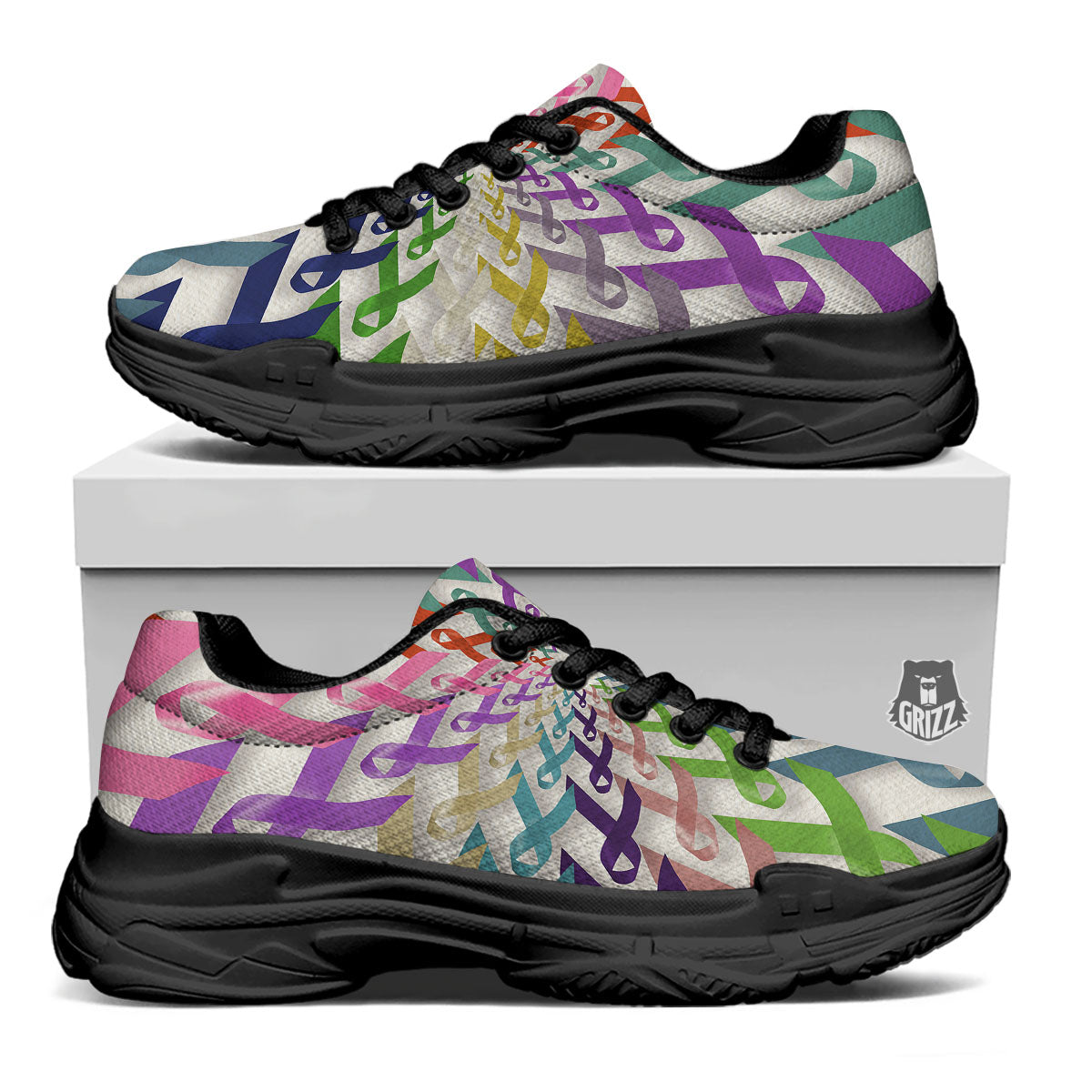Awareness Mandala Cancer Print Black Chunky Shoes-grizzshop