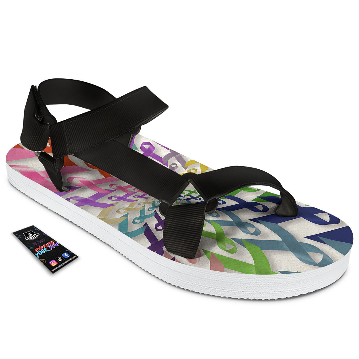 Awareness Mandala Cancer Print Black Open Toe Sandals-grizzshop