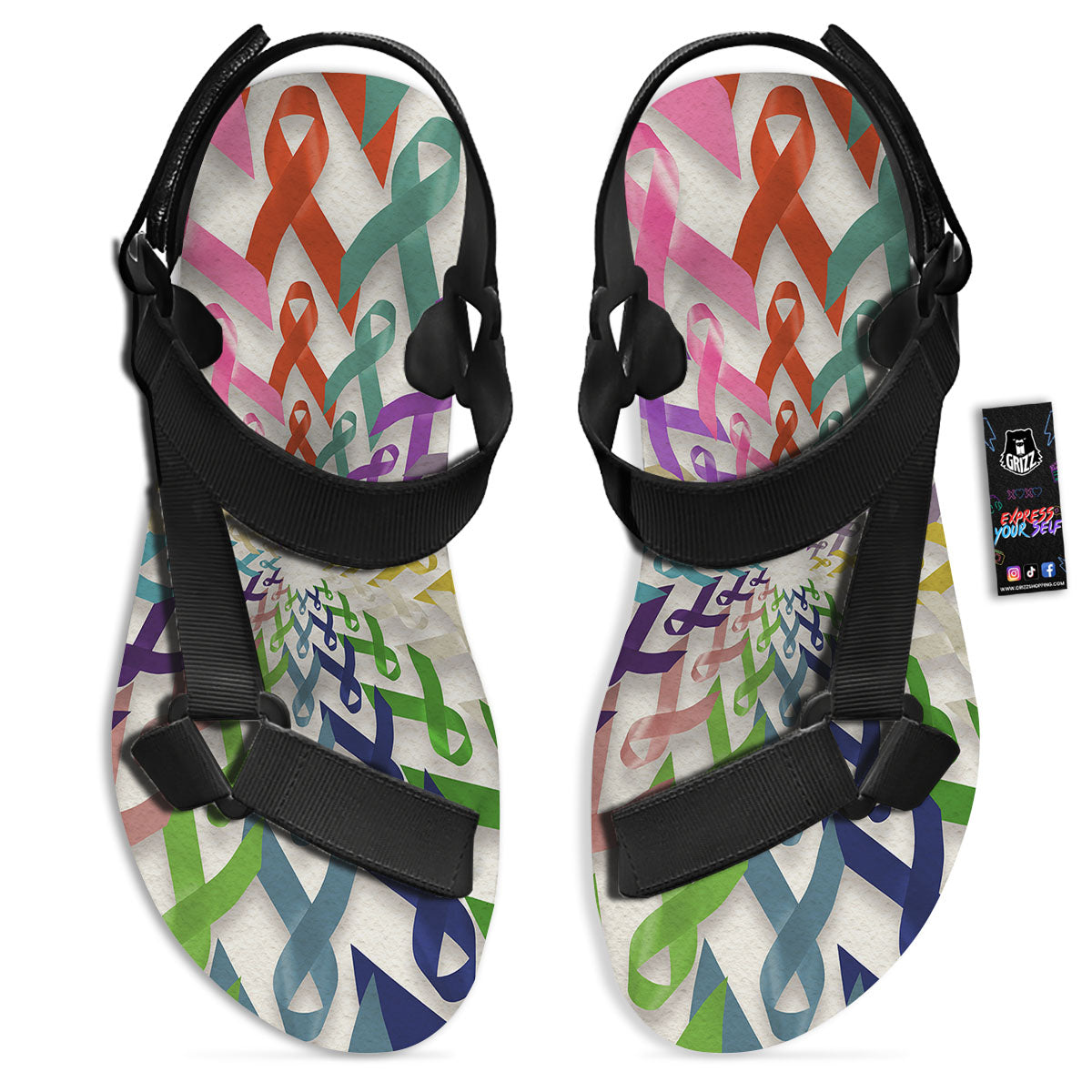 Awareness Mandala Cancer Print Black Open Toe Sandals-grizzshop