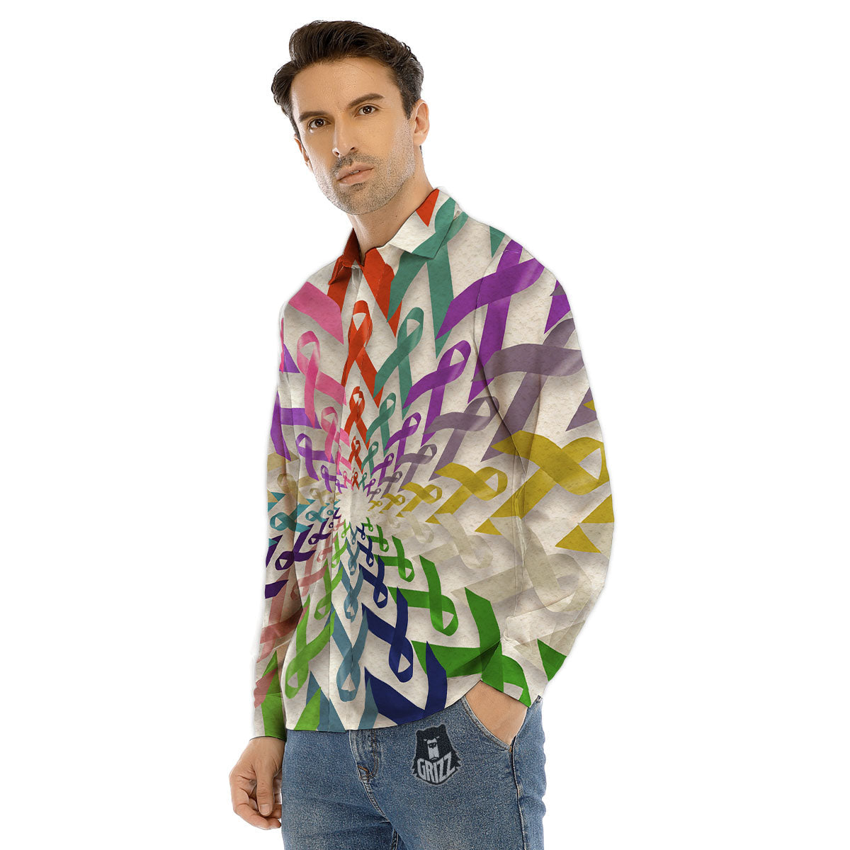 Awareness Mandala Cancer Print Men's Dress Shirts-grizzshop