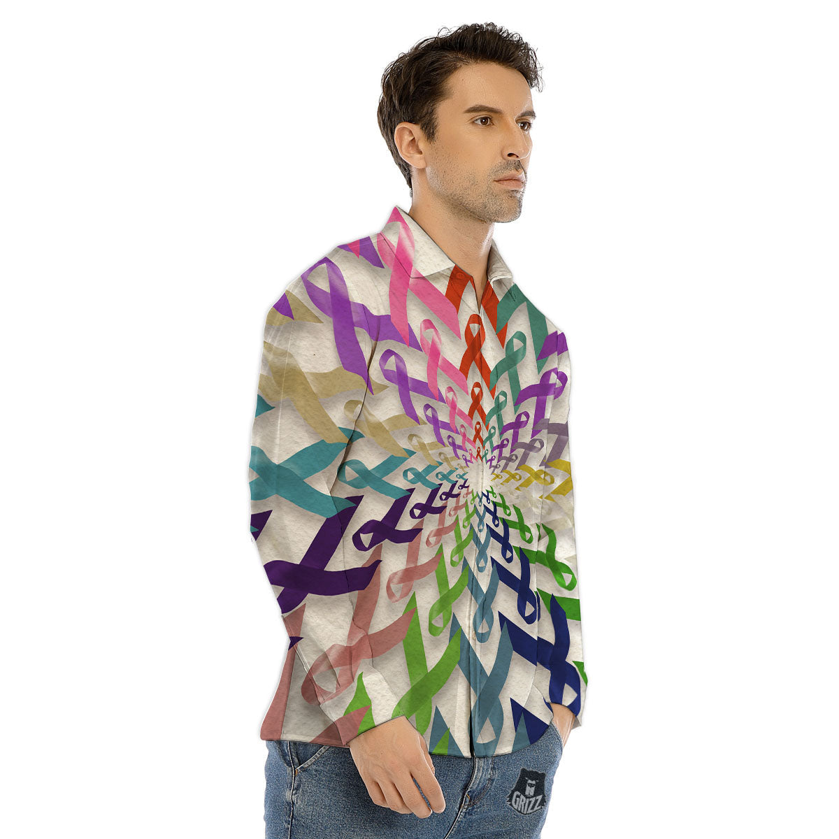 Awareness Mandala Cancer Print Men's Dress Shirts-grizzshop