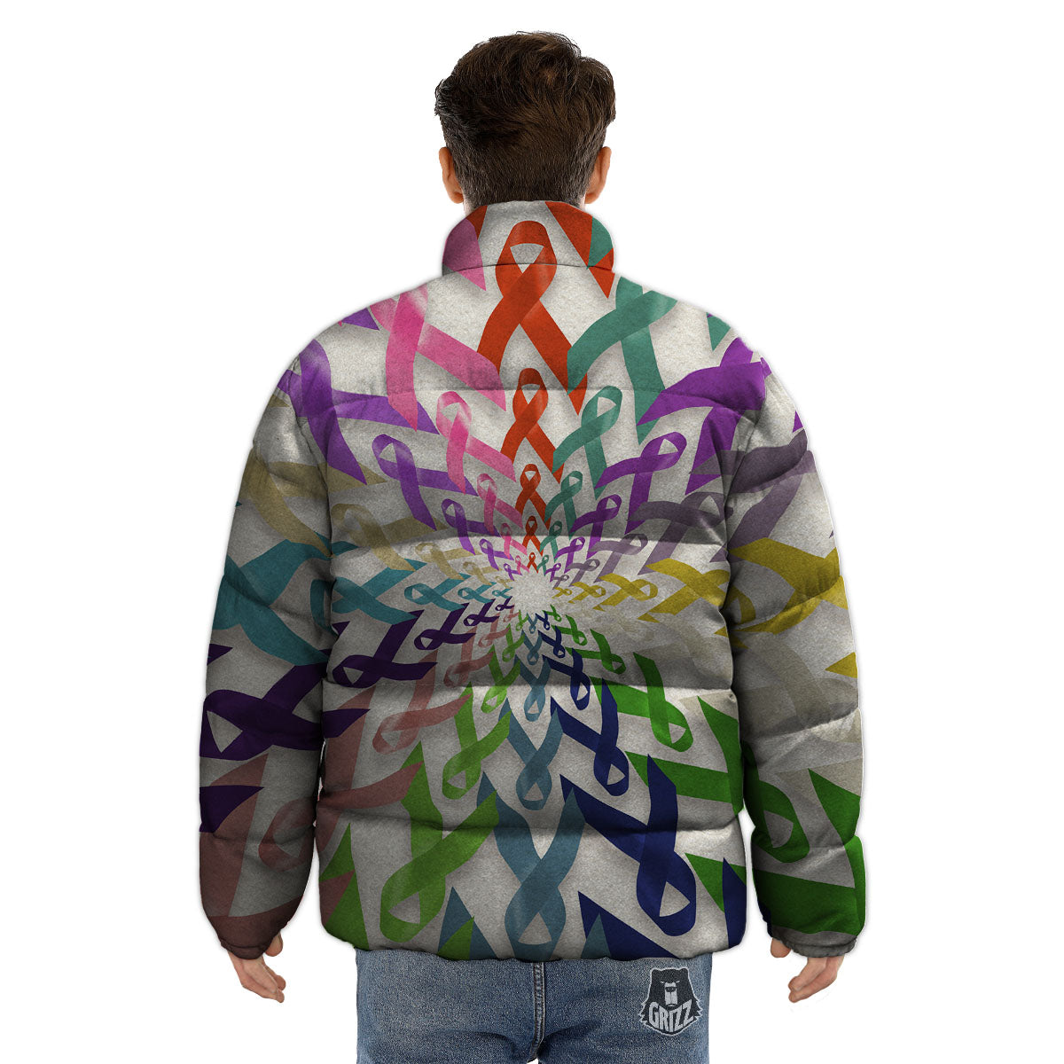 Awareness Mandala Cancer Print Puffer Jacket-grizzshop