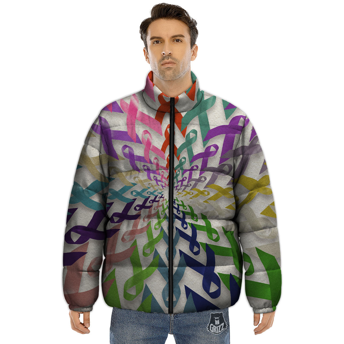 Awareness Mandala Cancer Print Puffer Jacket-grizzshop