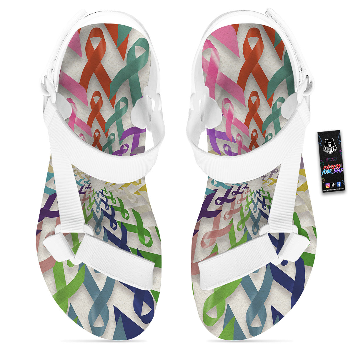 Awareness Mandala Cancer Print White Open Toe Sandals-grizzshop