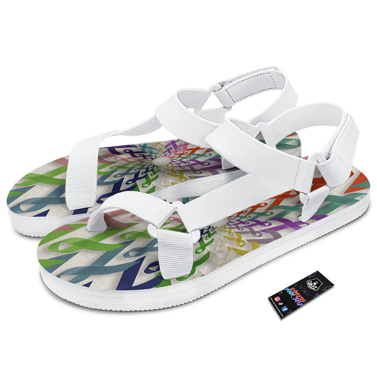 Awareness Mandala Cancer Print White Open Toe Sandals-grizzshop