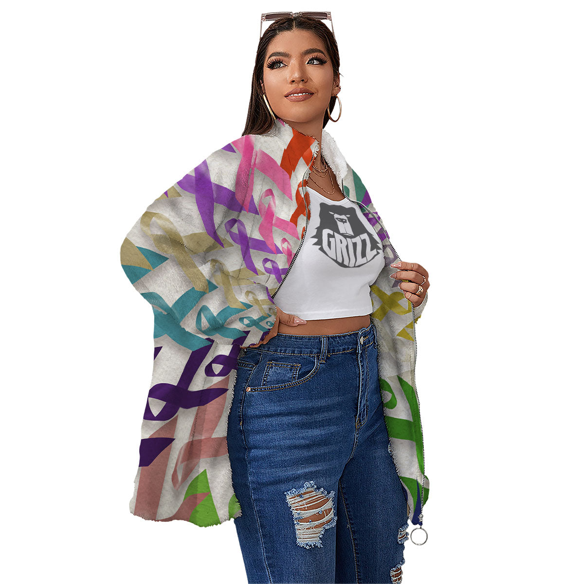 Awareness Mandala Cancer Print Women's Sherpa Jacket-grizzshop
