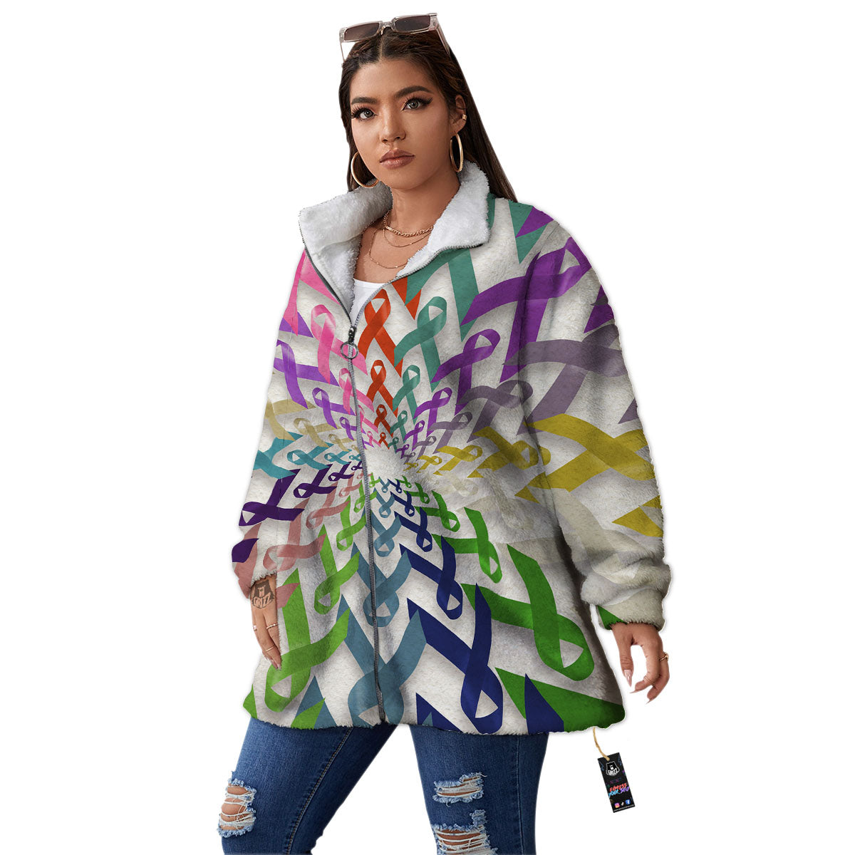 Awareness Mandala Cancer Print Women's Sherpa Jacket-grizzshop
