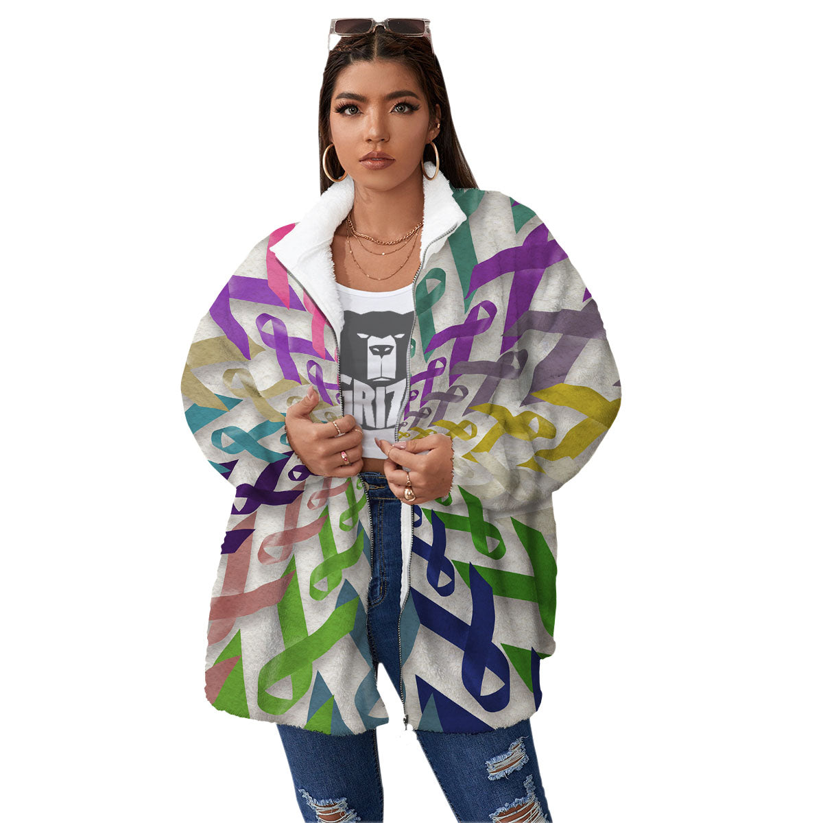 Awareness Mandala Cancer Print Women's Sherpa Jacket-grizzshop