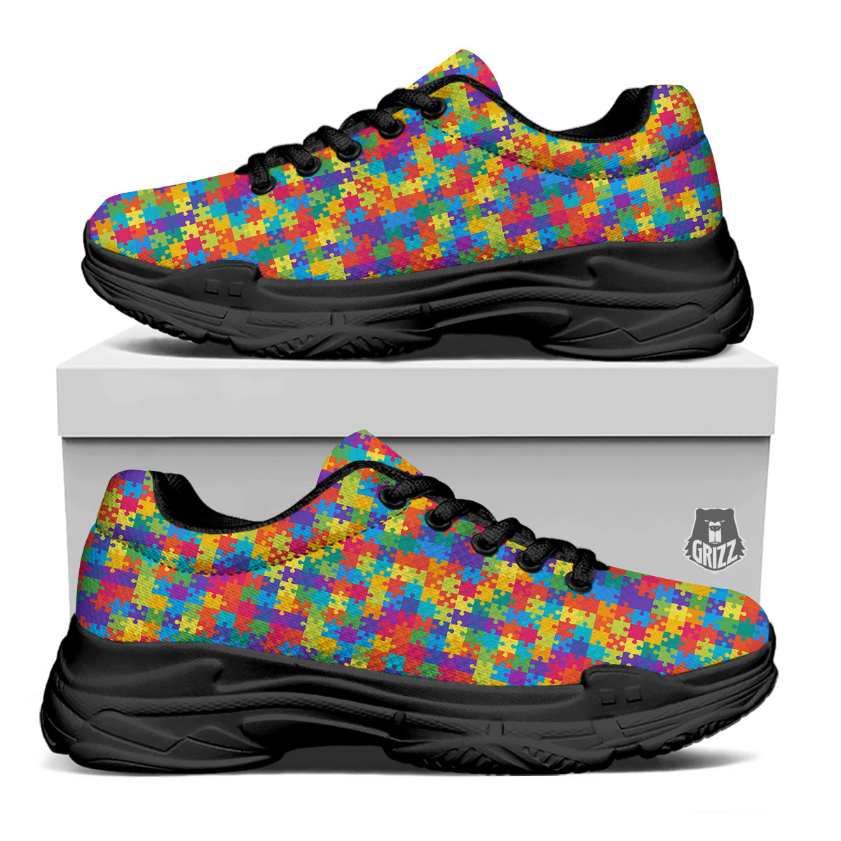 Awareness Puzzle Colorful Autism Print Black Chunky Shoes-grizzshop
