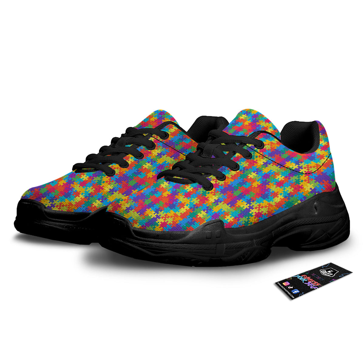 Awareness Puzzle Colorful Autism Print Black Chunky Shoes-grizzshop