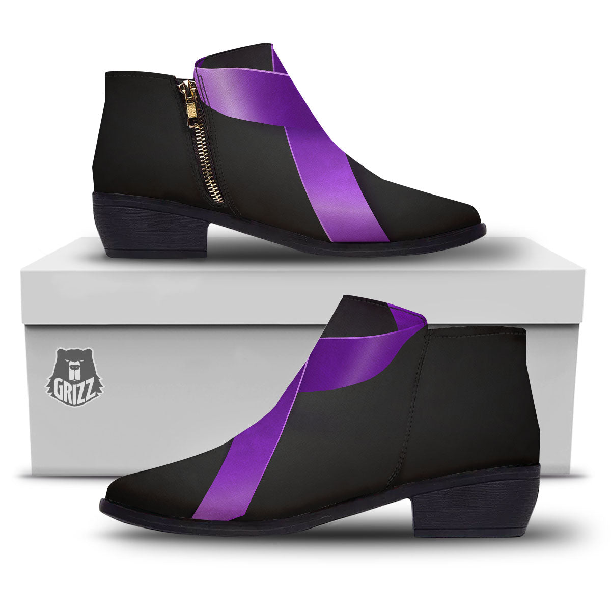 Awareness Ribbon Purple Cancer Print Ankle Boots-grizzshop