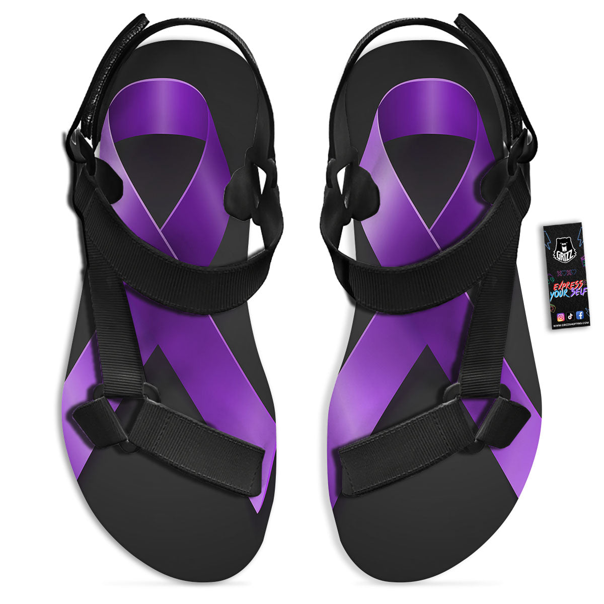 Awareness Ribbon Purple Cancer Print Black Open Toe Sandals-grizzshop
