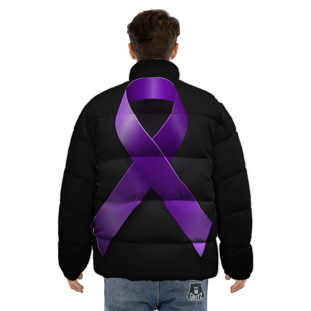 Awareness Ribbon Purple Cancer Print Puffer Jacket-grizzshop