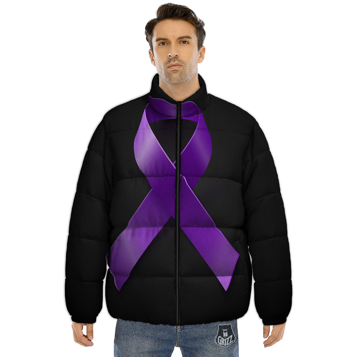 Awareness Ribbon Purple Cancer Print Puffer Jacket-grizzshop