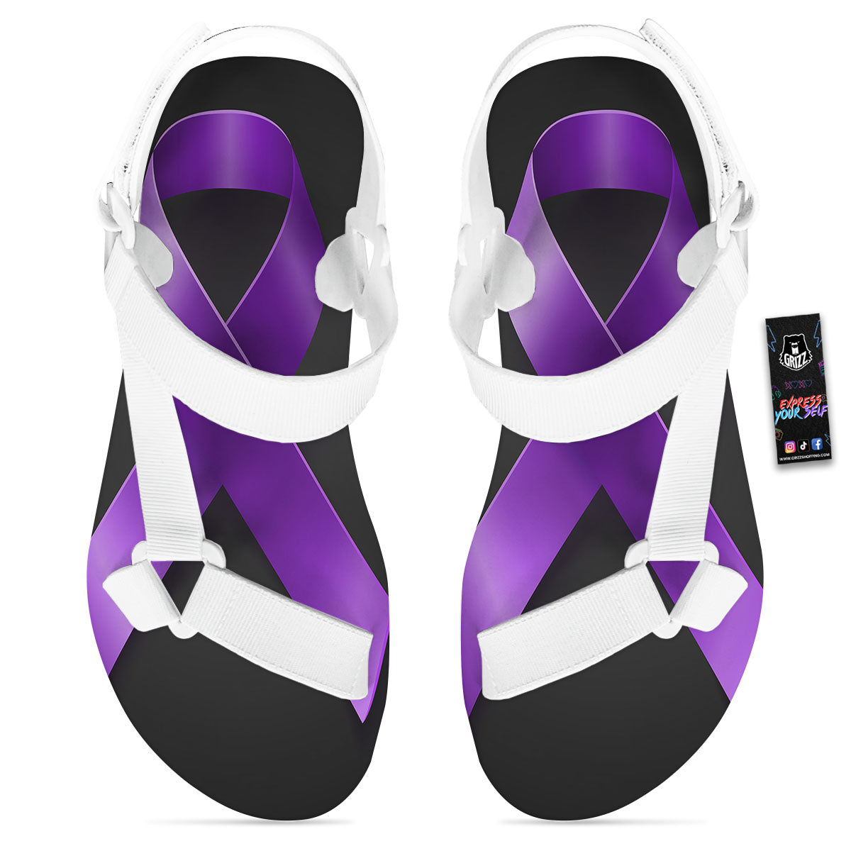 Awareness Ribbon Purple Cancer Print White Open Toe Sandals-grizzshop