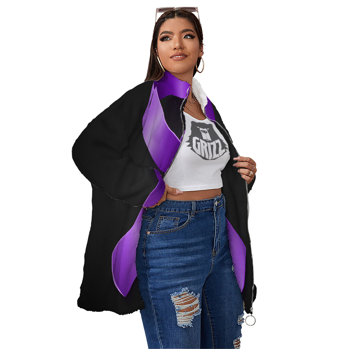 Awareness Ribbon Purple Cancer Print Women's Sherpa Jacket-grizzshop