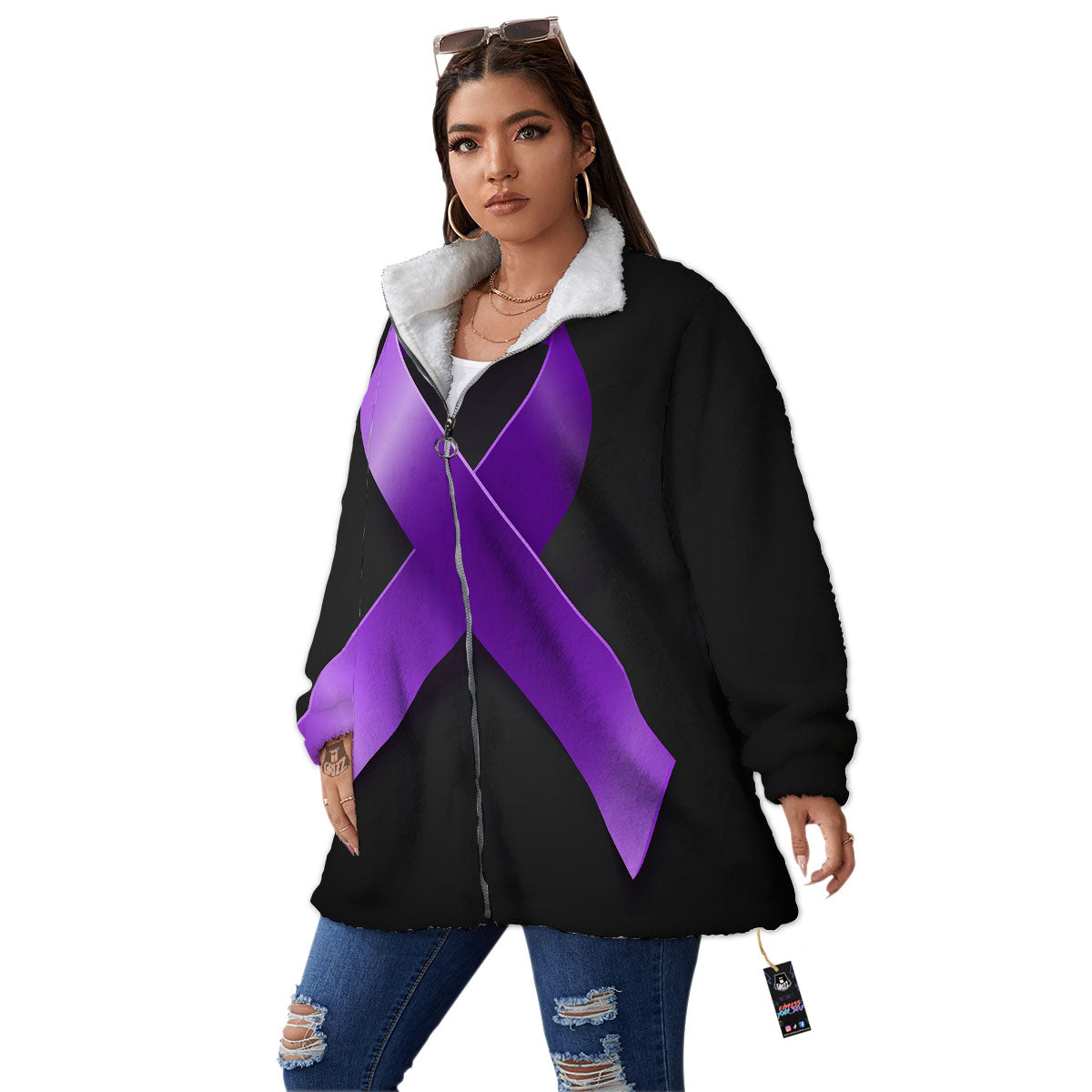 Awareness Ribbon Purple Cancer Print Women's Sherpa Jacket-grizzshop