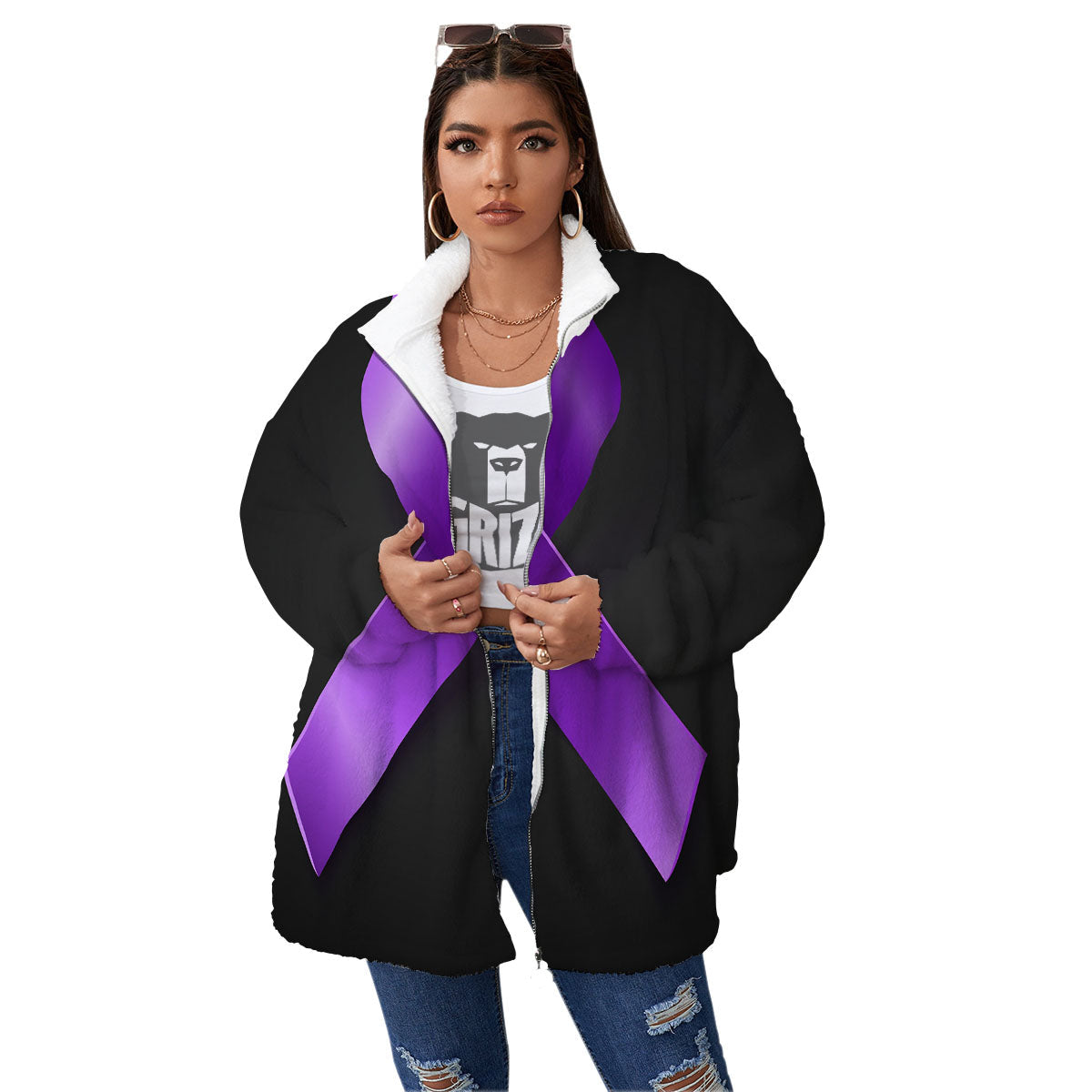 Awareness Ribbon Purple Cancer Print Women's Sherpa Jacket-grizzshop