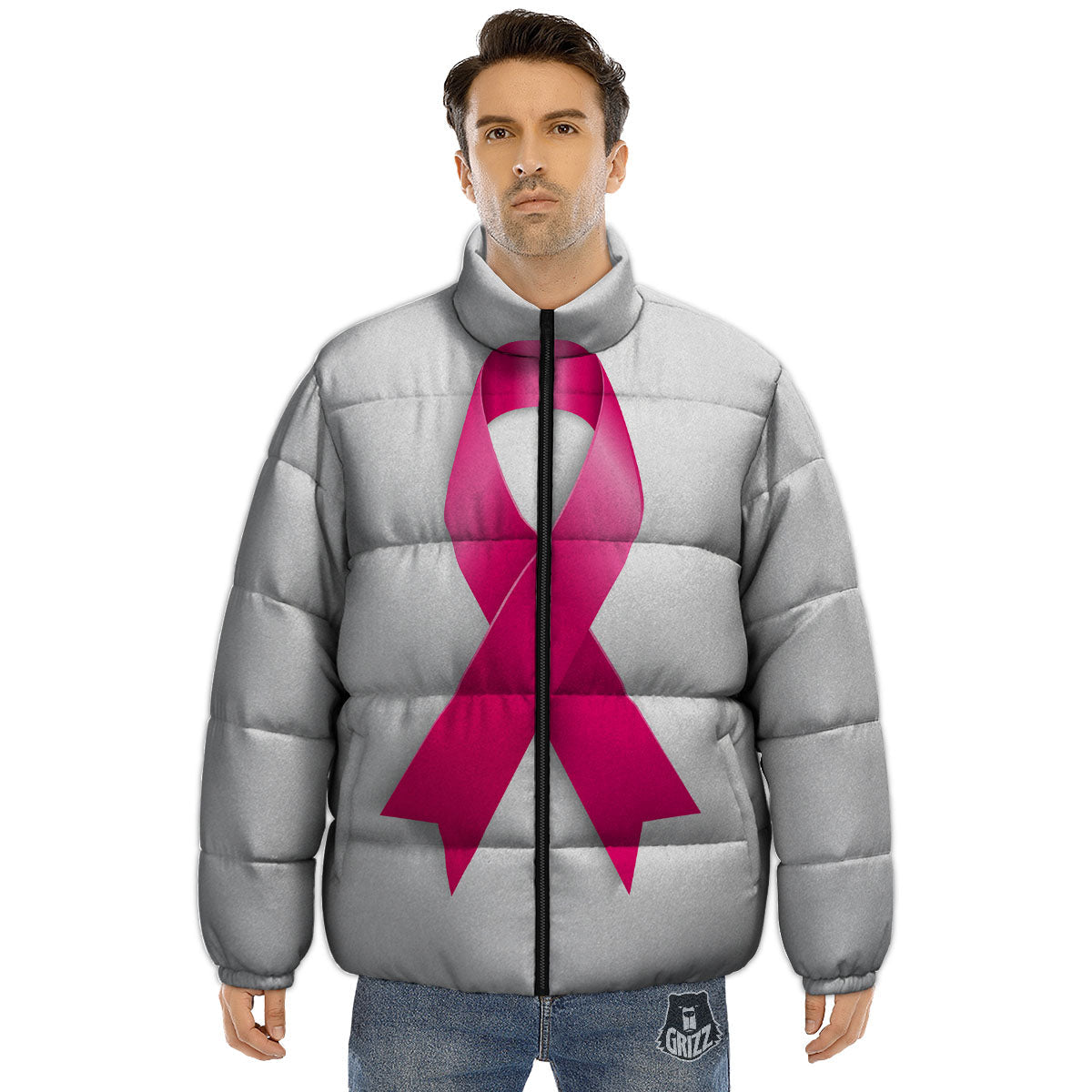 Awareness Ribbons Cancer Print Puffer Jacket-grizzshop