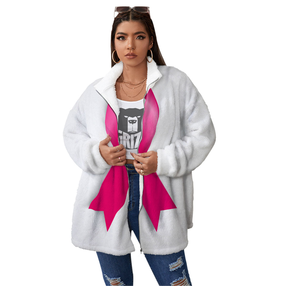 Awareness Ribbons Cancer Print Women's Sherpa Jacket-grizzshop