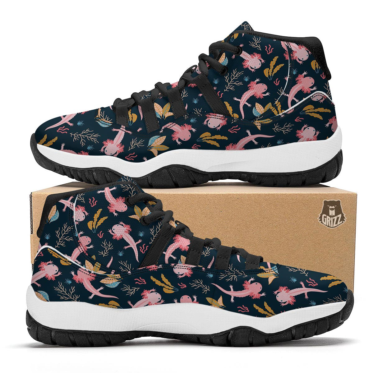 Axolotl Black Pattern Print Black Bball Shoes-grizzshop