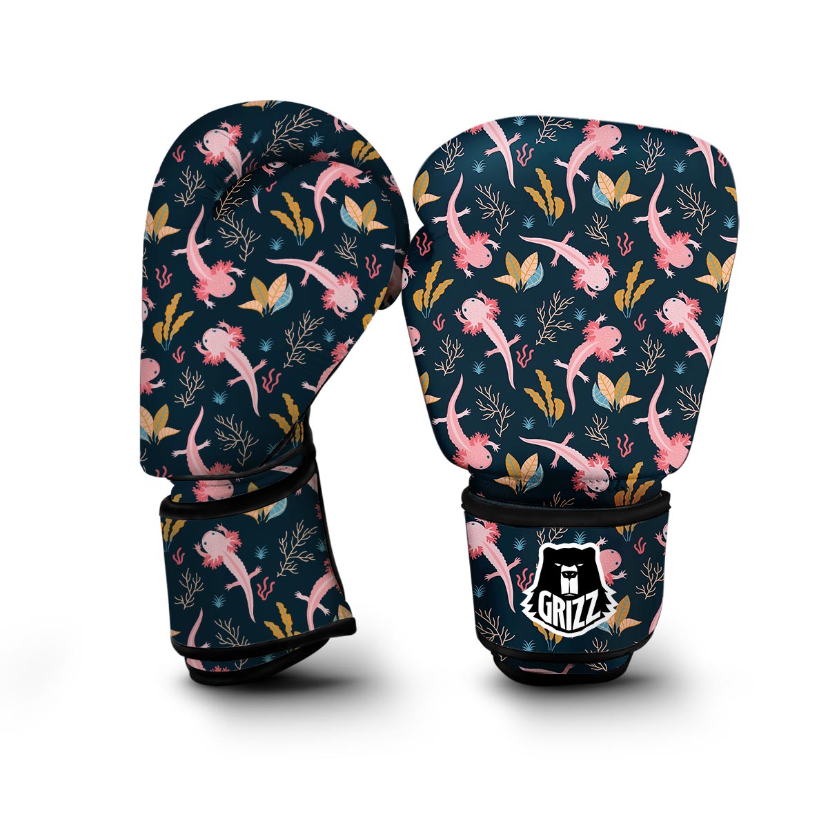 Axolotl Black Pattern Print Boxing Gloves-grizzshop