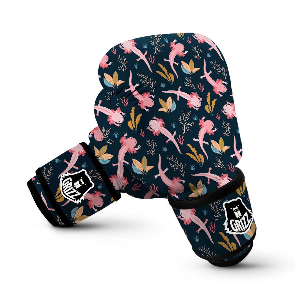 Axolotl Black Pattern Print Boxing Gloves-grizzshop