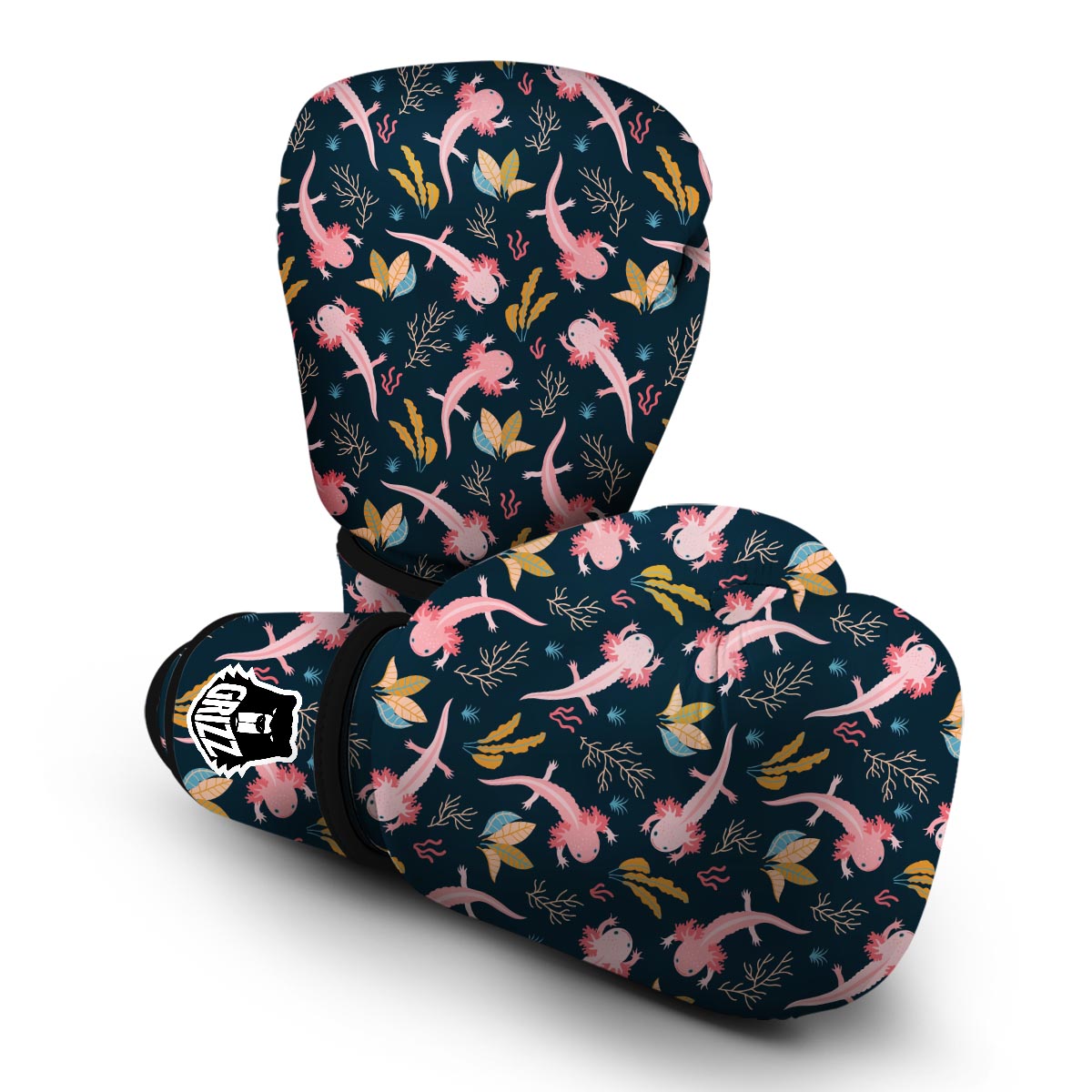 Axolotl Black Pattern Print Boxing Gloves-grizzshop