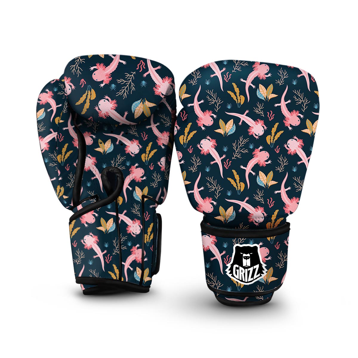 Axolotl Black Pattern Print Boxing Gloves-grizzshop