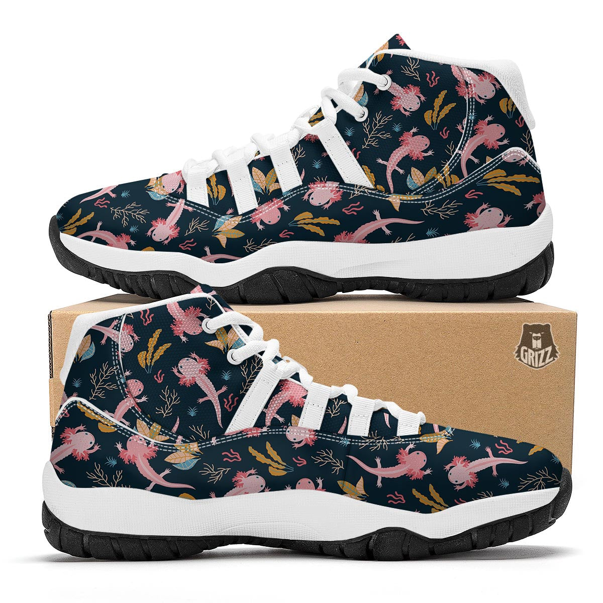 Axolotl Black Pattern Print White Bball Shoes-grizzshop