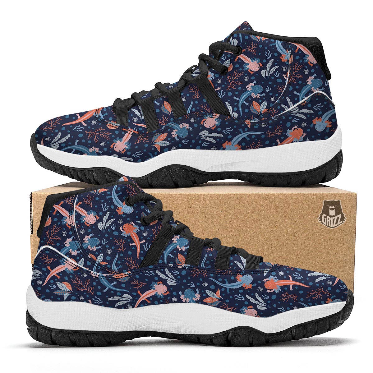 Axolotl Blue Pattern Print Black Bball Shoes-grizzshop