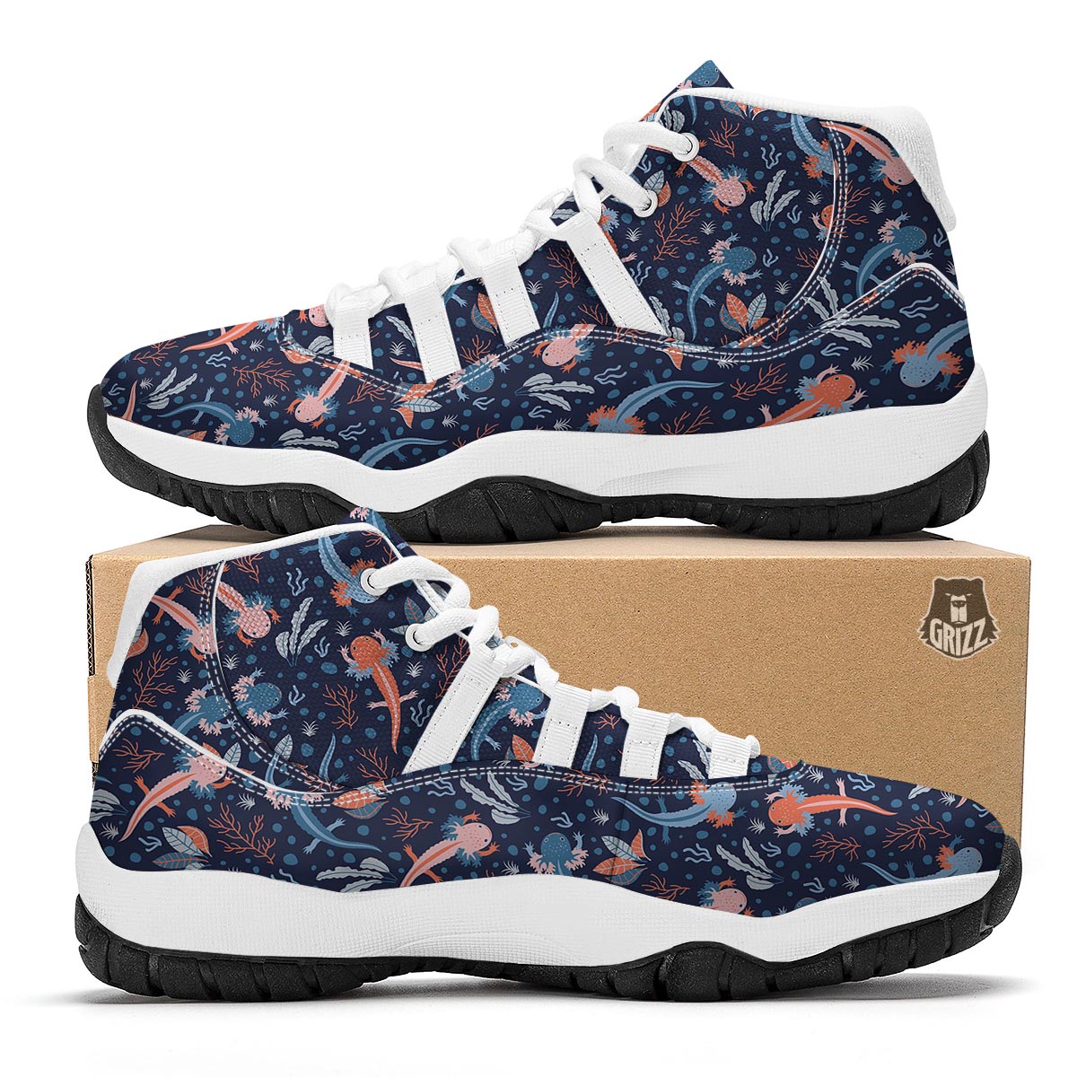 Axolotl Blue Pattern Print White Bball Shoes-grizzshop