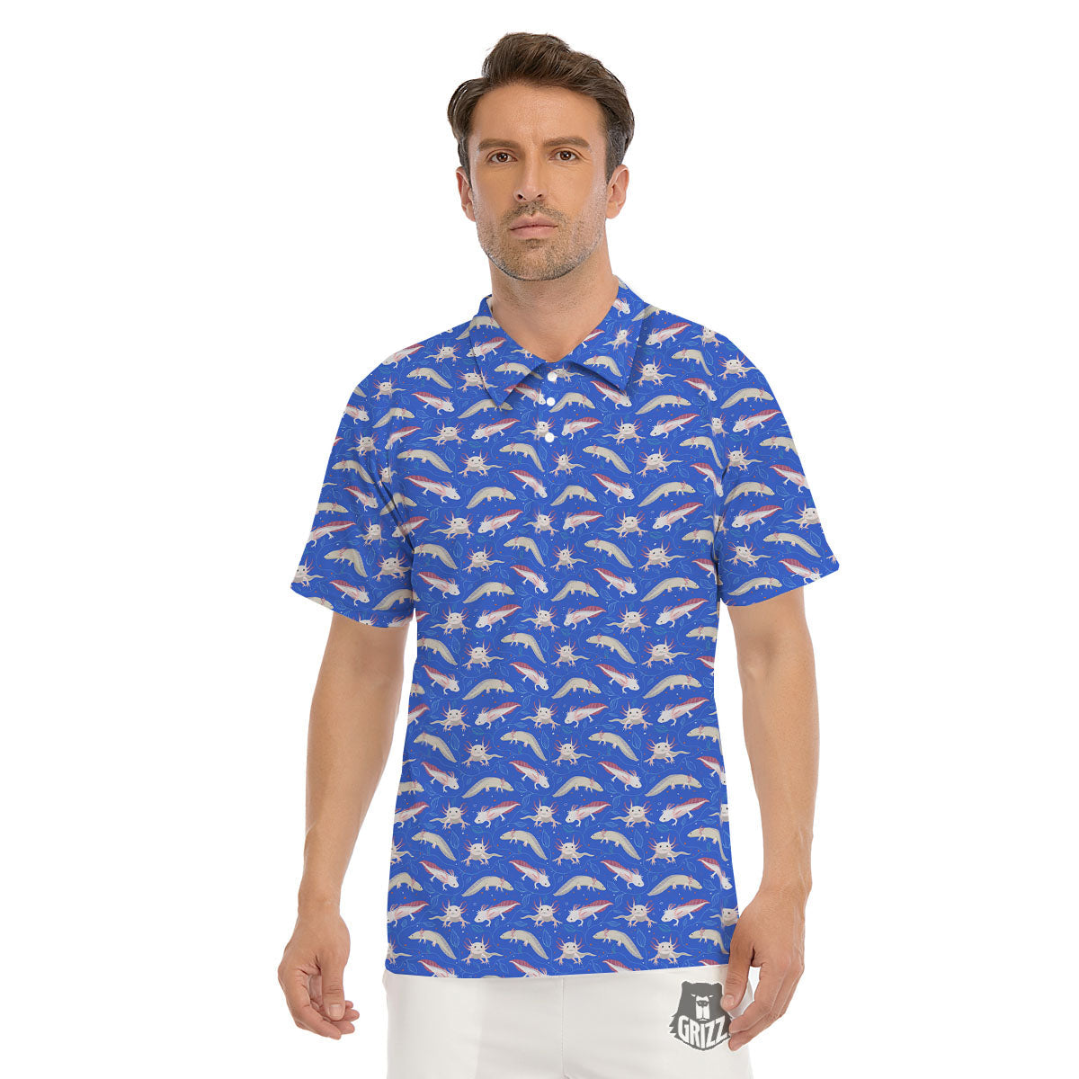 Axolotl Blue Print Pattern Men's Golf Shirts-grizzshop