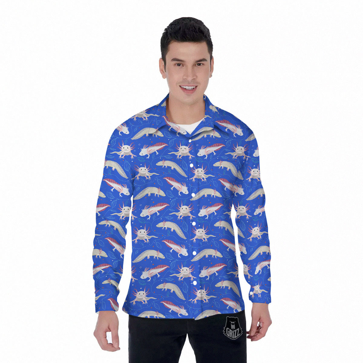 Axolotl Blue Print Pattern Men's Long Sleeve Shirts-grizzshop